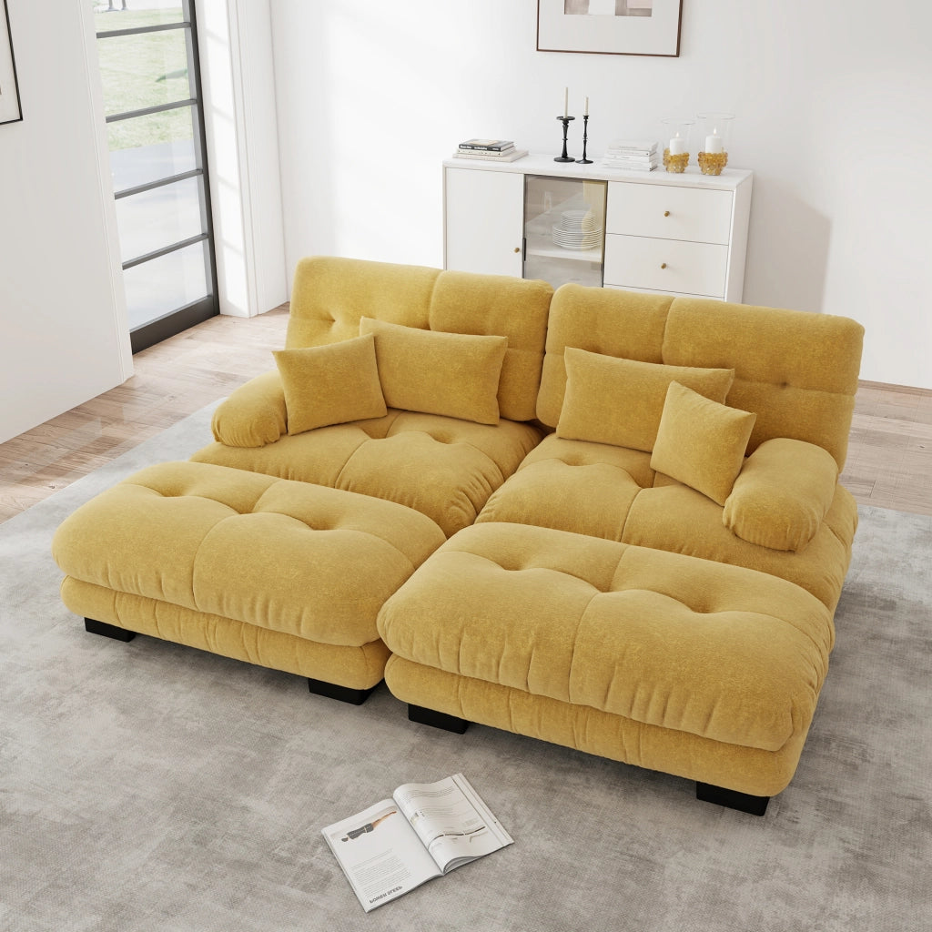 Divano Angolare Chenille 4 Posti con Ottomane e Cuscini ¨C Xylo ¨C Giallo