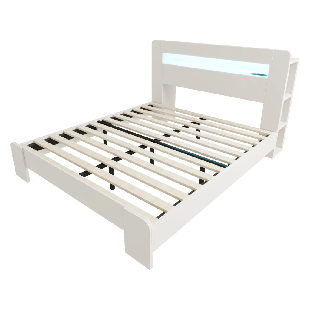 Letto 140x200 cm bianco con testiera a vani; LED e prese integrate