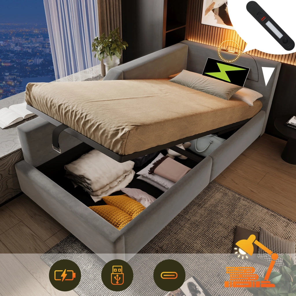 Letto singolo contenitore 90x200 cm in velluto grigio