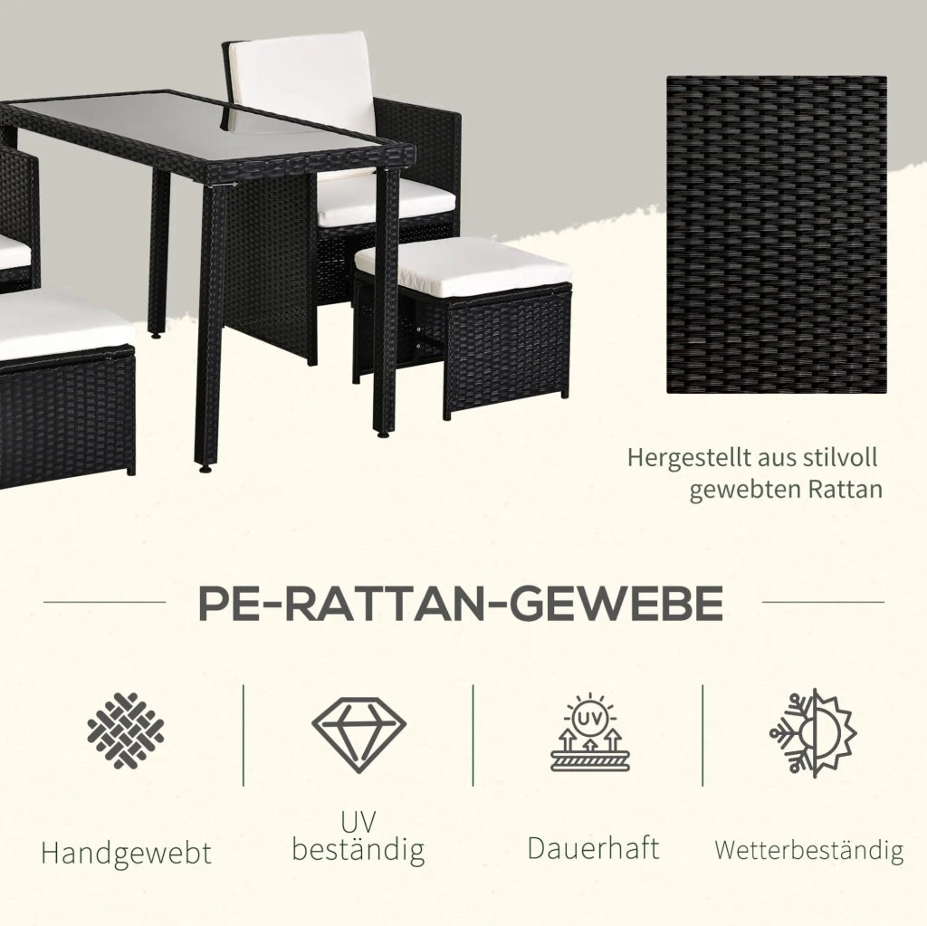 Set da pranzo da giardino in polyrattan 11 pezzi con cuscini neri, resistente alle intemperie per esterni e interni