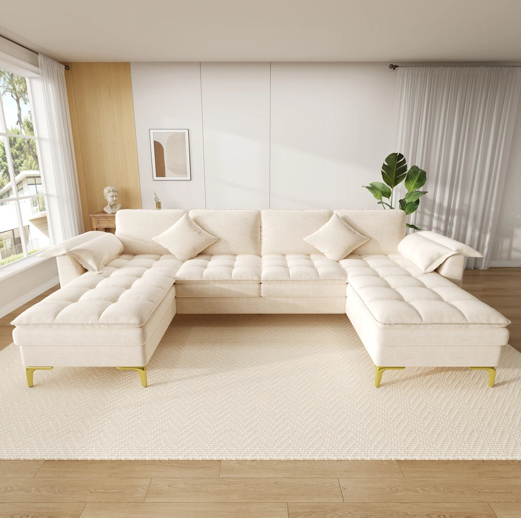 DIVANO A U 4-5 POSTI 262x134x86 cm Chenille Beige con 2 cuscini