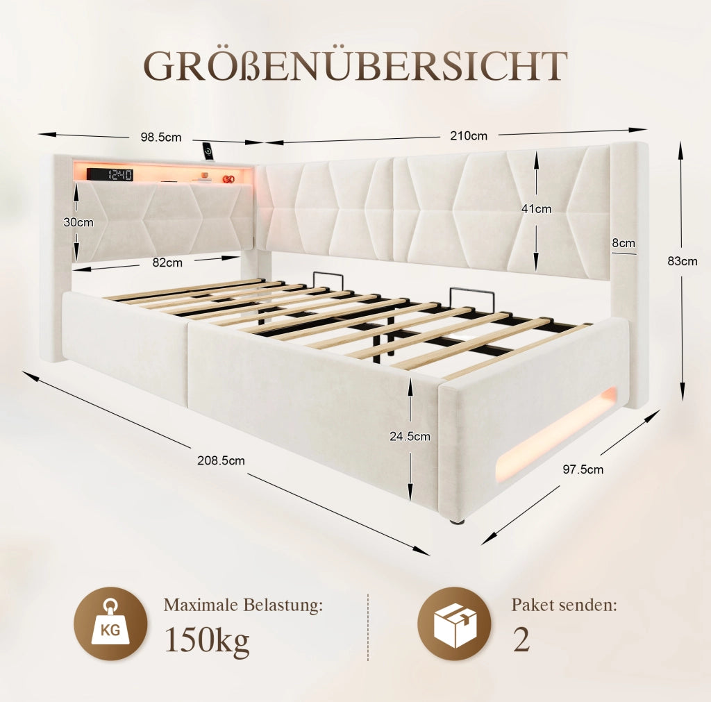 Letto imbottito 90x200 cm con contenitore, LED, USB e Type-C, velluto beige