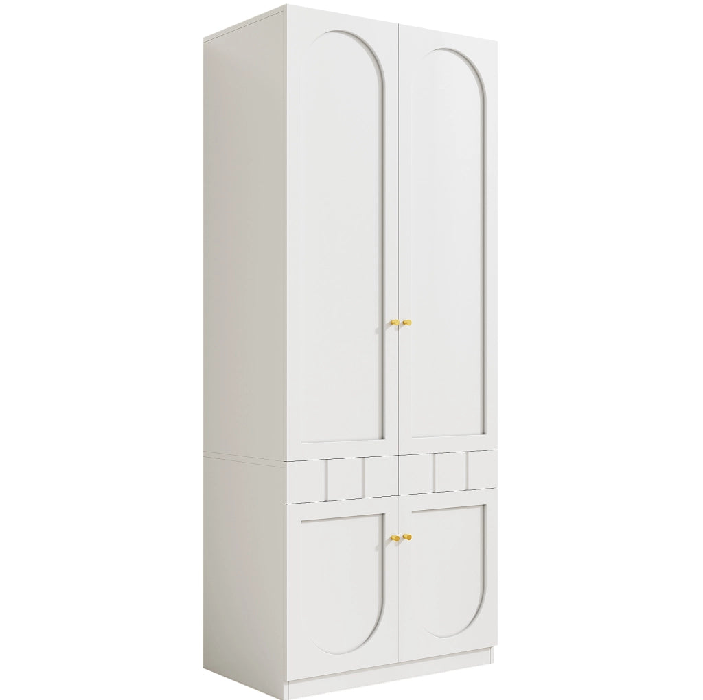 Armadio bianco da 80x50x200 cm con 2 ante, appendiabiti e cassetti a pressione, set da 2 pezzi