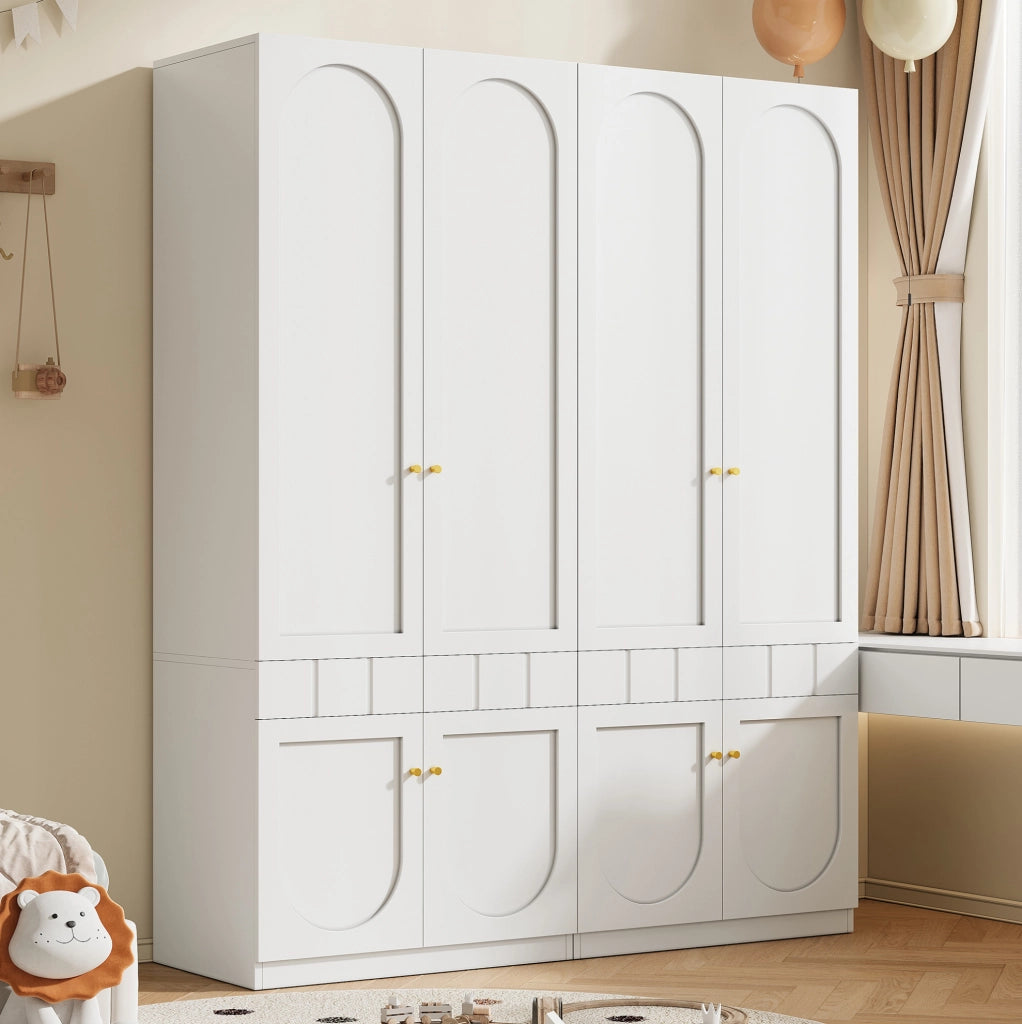 Armadio bianco da 80x50x200 cm con 2 ante, appendiabiti e cassetti a pressione, set da 2 pezzi