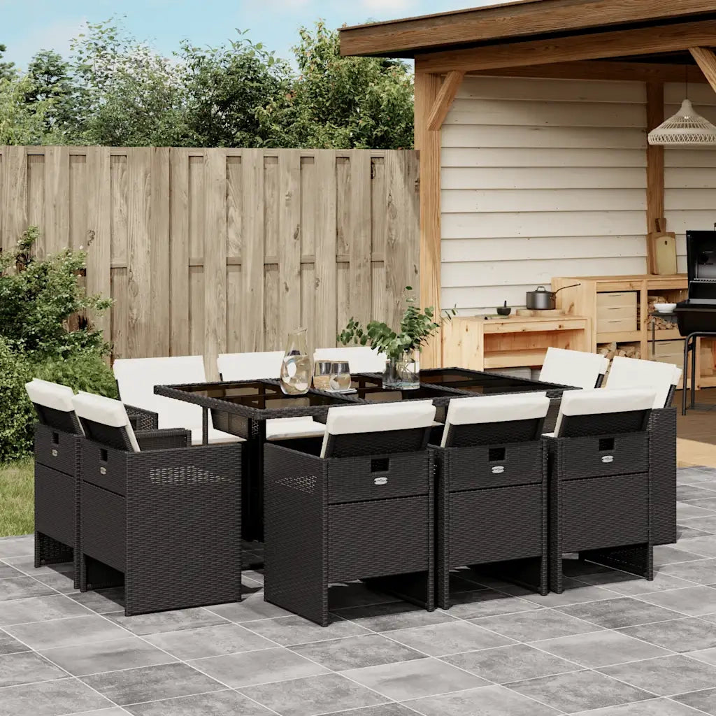 Set da Pranzo da Giardino 11 pz con Cuscini in Polyrattan Nero 3277793