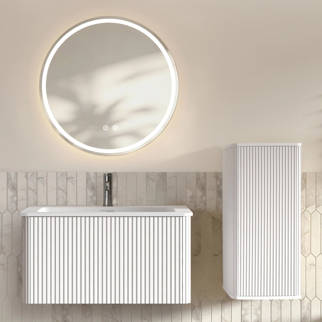 Set di mobili con lavabo sospeso; specchio LED e mobile laterale bianco con lavabo in pietra artificiale
