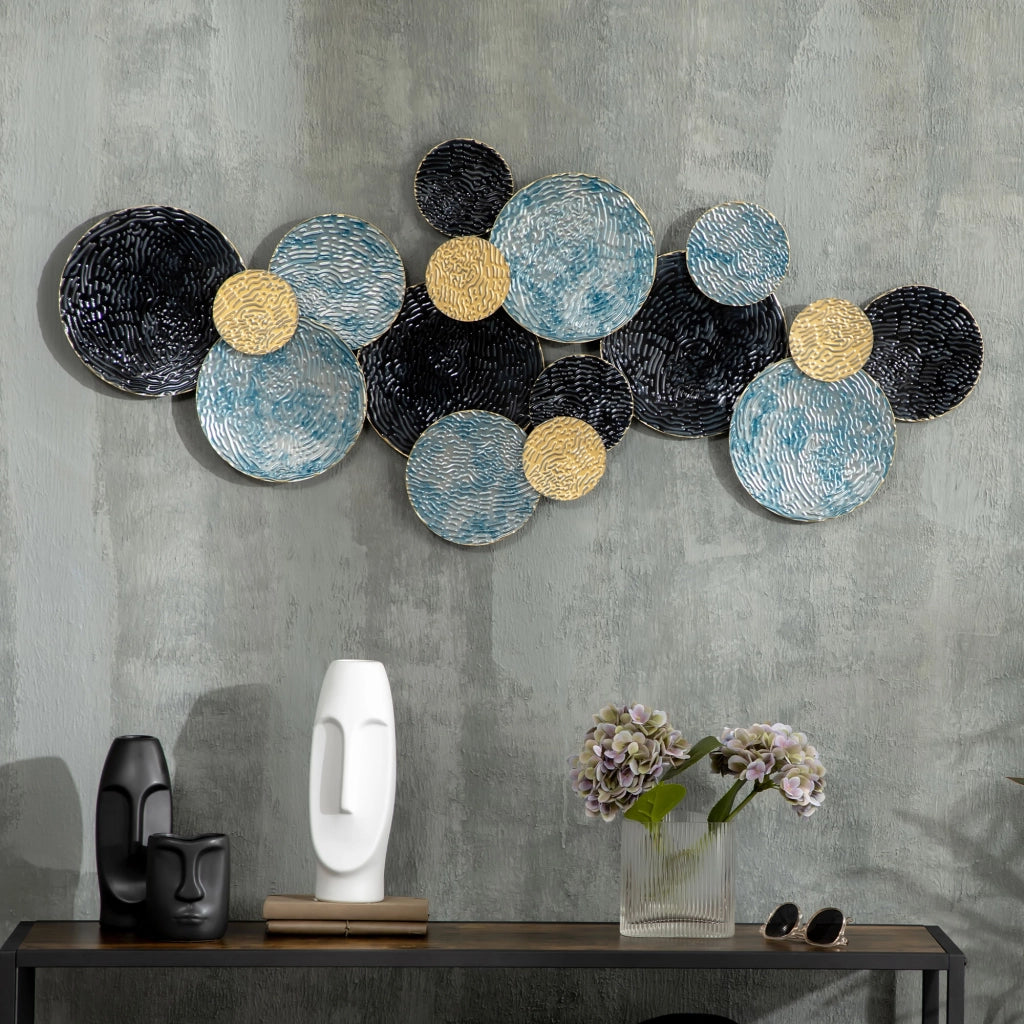 Desviae Decorazione murale 3d in ferro con cerchi ondulati dipinti a mano blu oro e nero 121 × 53 cm per soggiorno