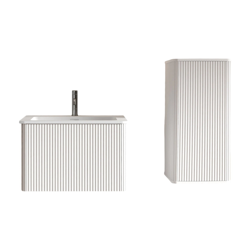 Set mobili bagno sospesi con lavabo e mobile laterale in MDF compensato e solid surface bianco