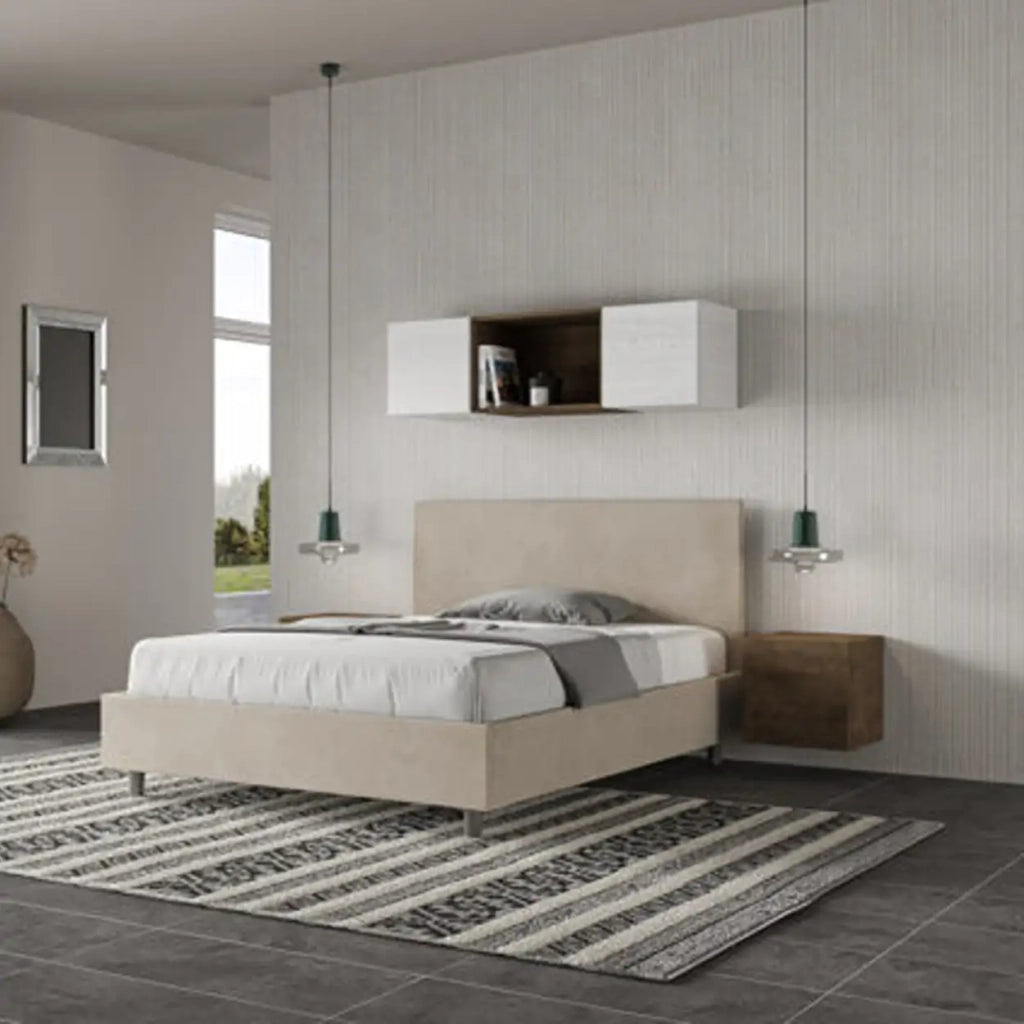 Letto matrimoniale francese senza rete imbottito 140x200 microfibra sabbia Adele