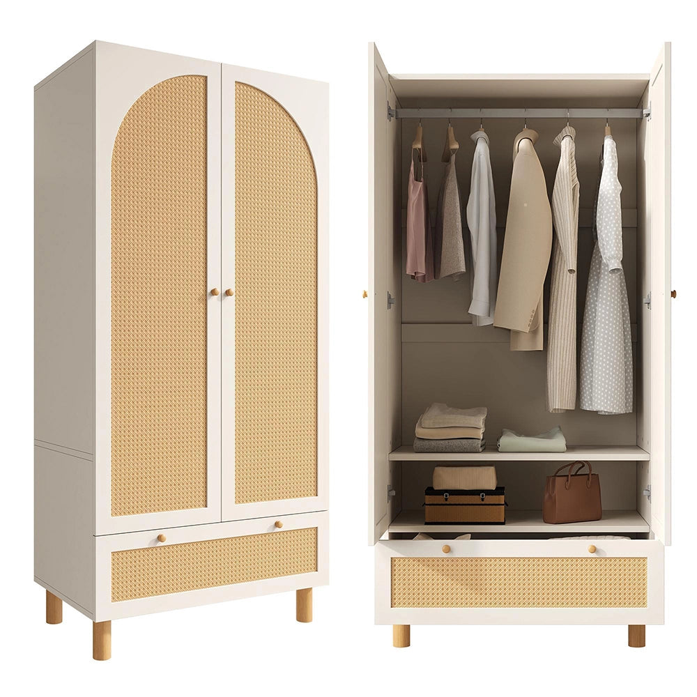 Armadio guardaroba 2 ante con vimini - Xylo - stile cottage, grande cassetto, ripiani regolabili, bianco, 180x85x52 cm
