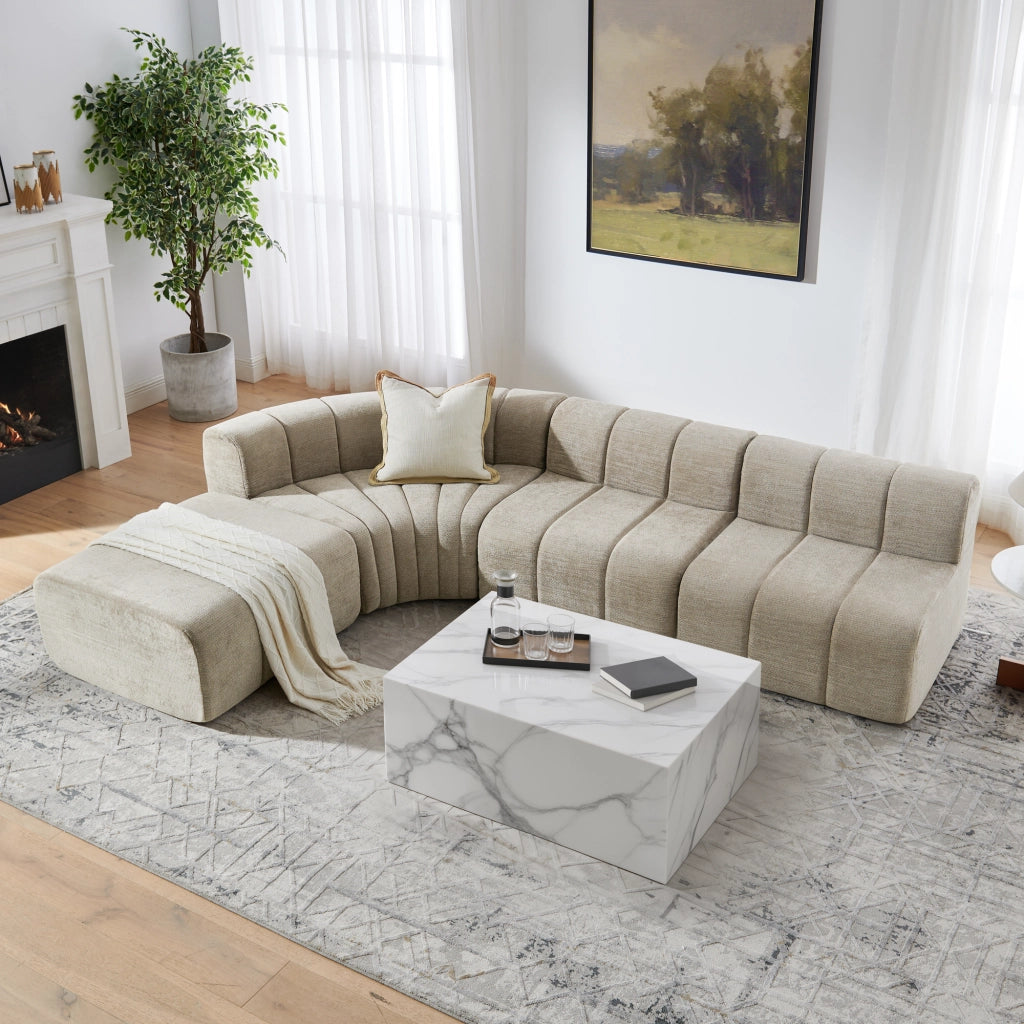 Divano angolare modulare a 4 posti in chenille marrone con moduli combinabili e seduta versatile per salotto