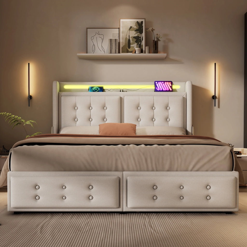 Letto matrimoniale 140x200 beige con materasso, LED, USB e cassetti