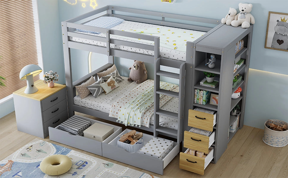 Letto a castello 90x200 cm grigio con cassetti; ripiani laterali e comodino separato