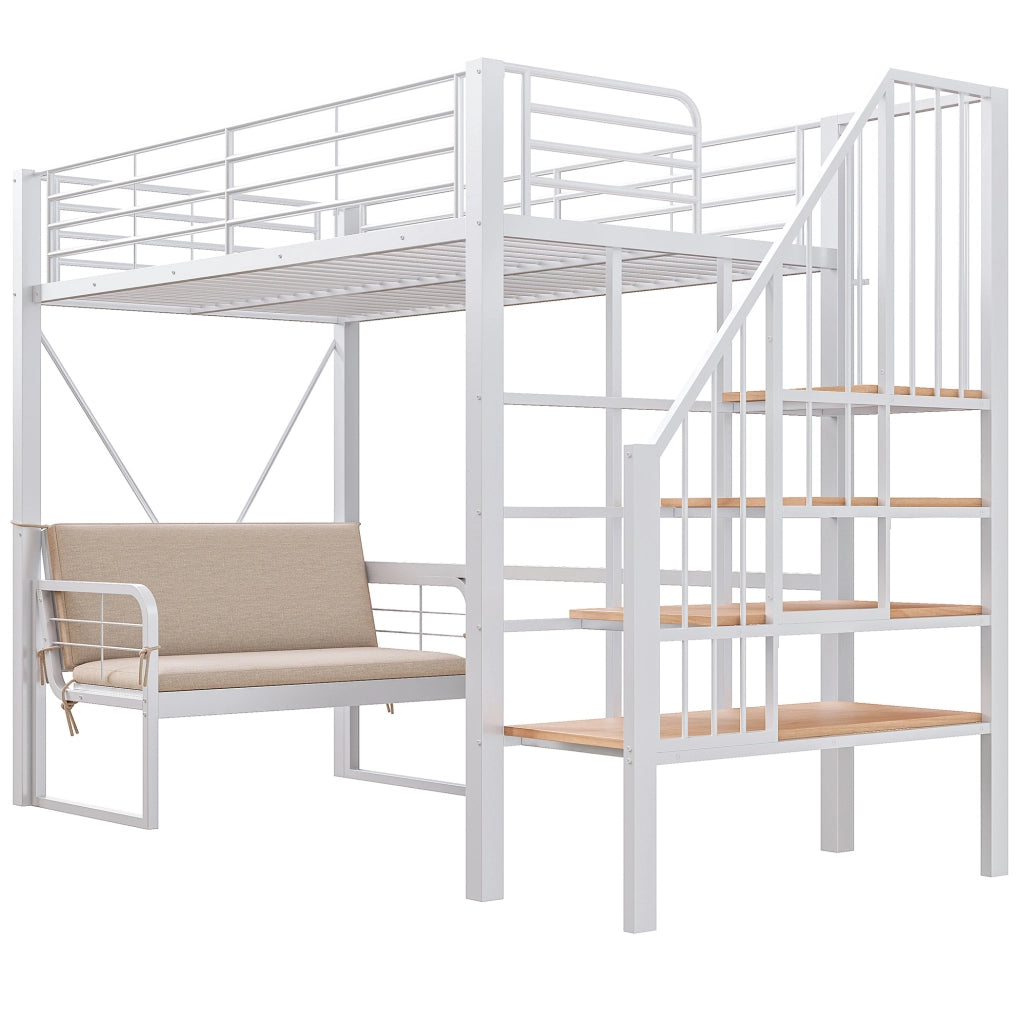 Letto a castello 90x200 cm con scala contenitore e divano removibile in metallo