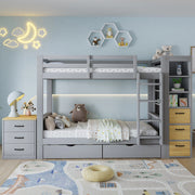 Letto a castello 90x200 cm grigio con cassetti; ripiani laterali e comodino separato