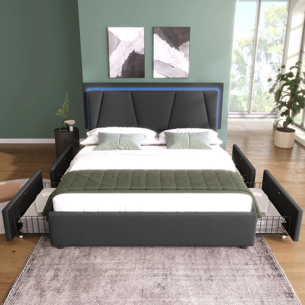 Letto Matrimoniale 140x200 cm Imbottito in Lino Grigio con Luci LED; 4 Cassetti e Testiera Regolabile