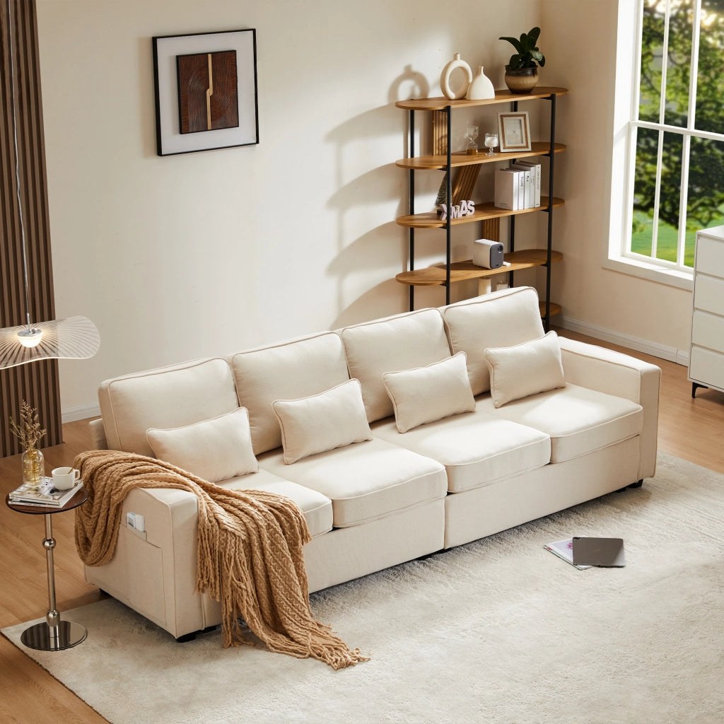 Divano 4 posti in tessuto di lino beige con tasche laterali e 4 cuscini, 264x83x87 cm