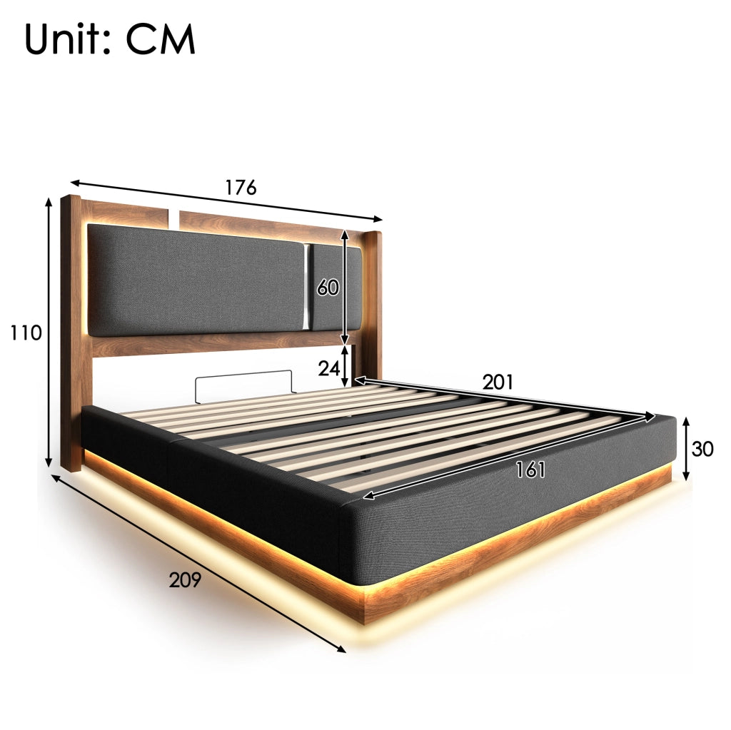 LETTO con contenitore e LED 160x200 cm Grigio e Noce
