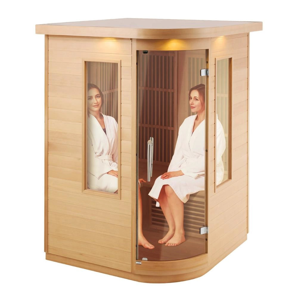 Sauna Infrarossi Lontani 2 Persone Legno Hemlock Basso EMF Vetro Temperato Bluetooth LED 2000W