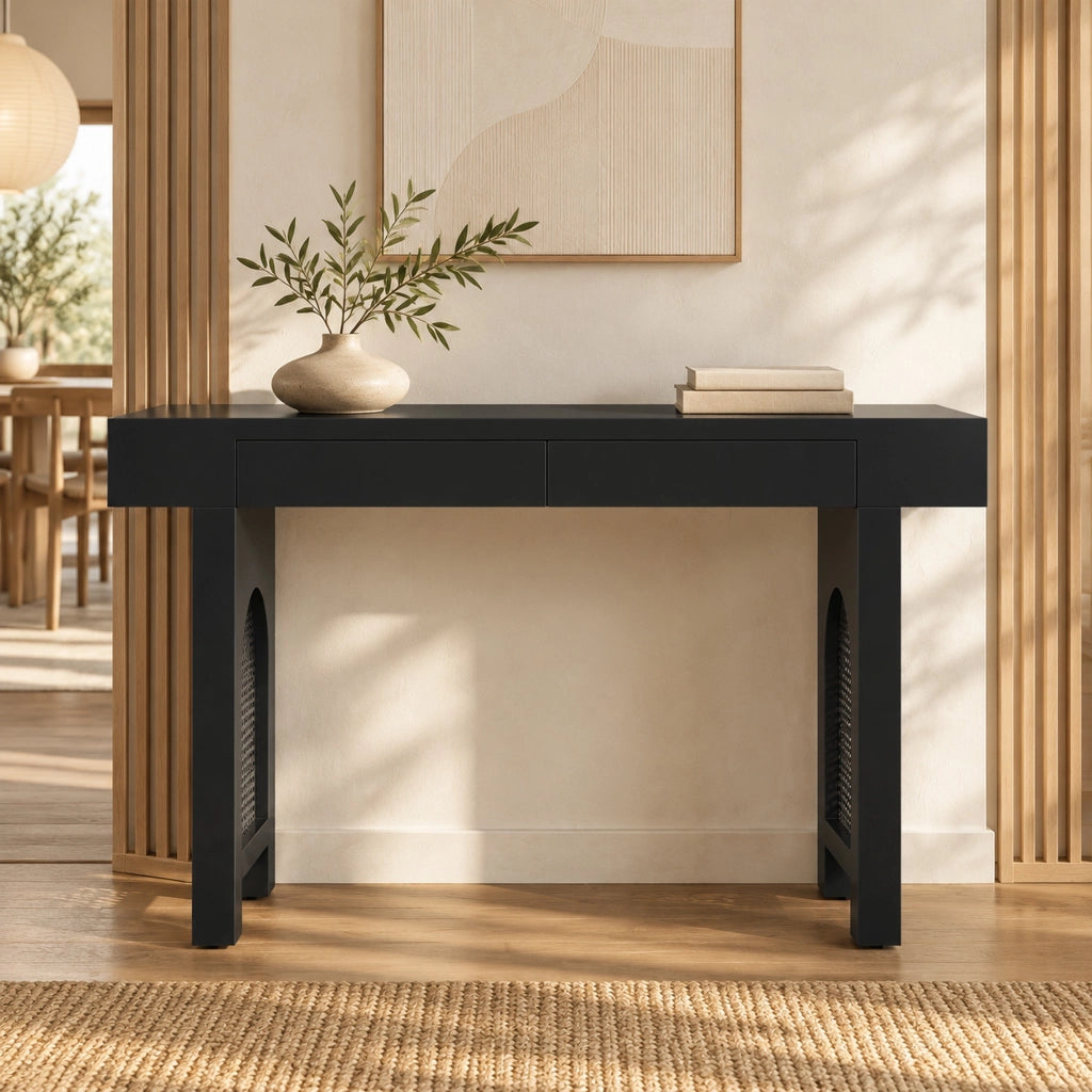 Consolle con 2 cassetti e presa integrata USB e Type-C in MDF nero con piedini regolabili 120 × 35.5 × 76.5 cm