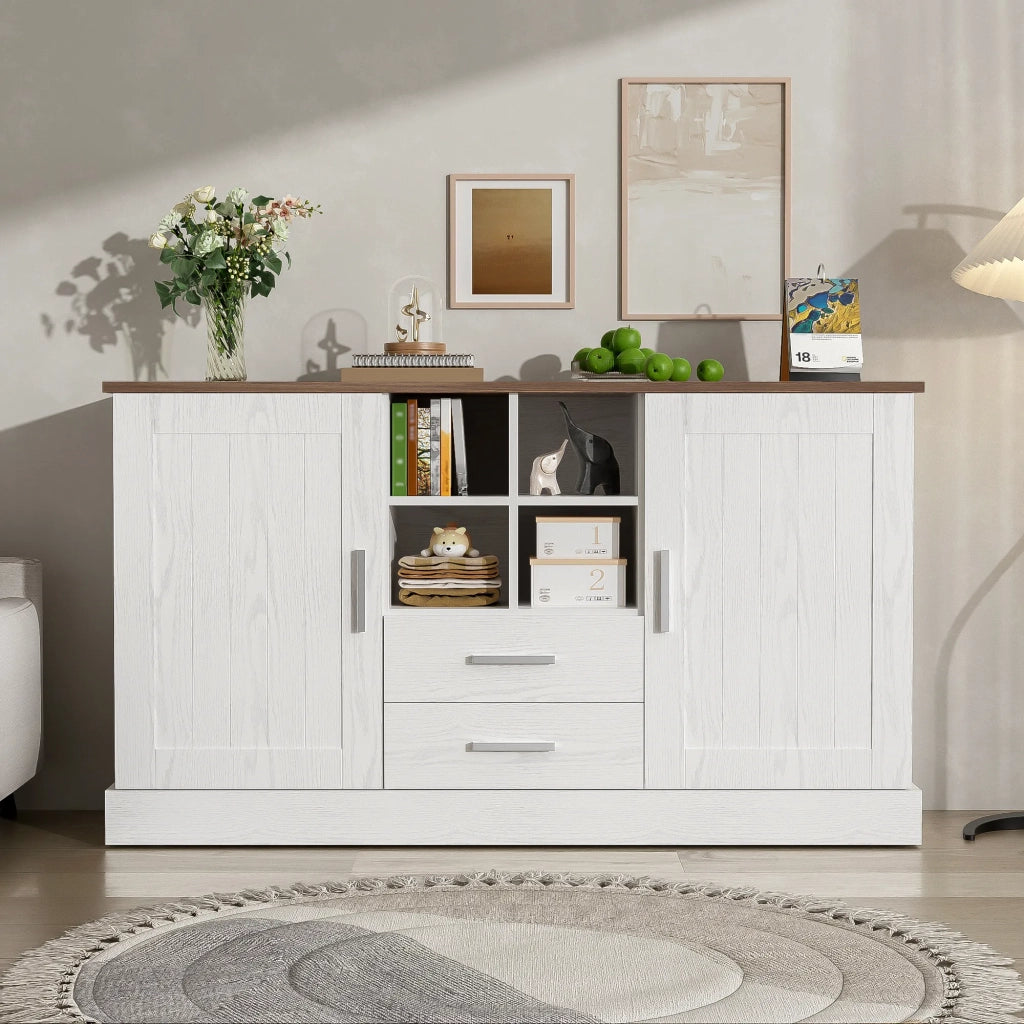 Sideboard 140x40x79,5 cm, legno bianco e marrone, 2 ante, 2 cassetti