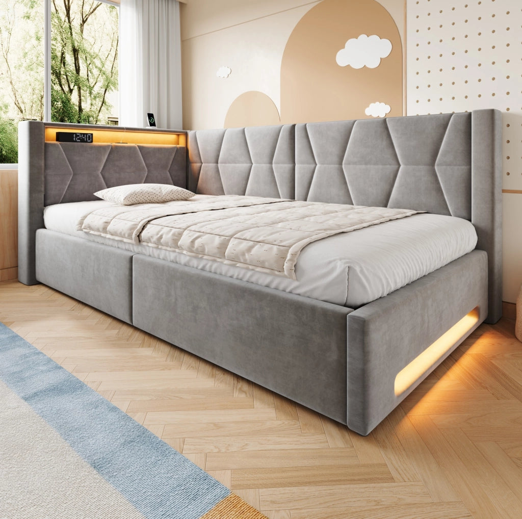 Letto imbottito 140x200 cm con contenitore, LED, USB e Type-C, velluto grigio scuro