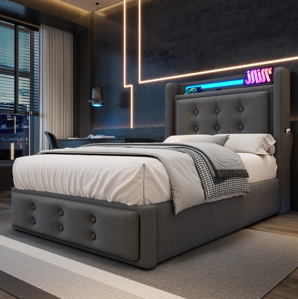 LETTO 90x200 cm con testiera LED e USB, cotone-lino grigio, materasso incluso