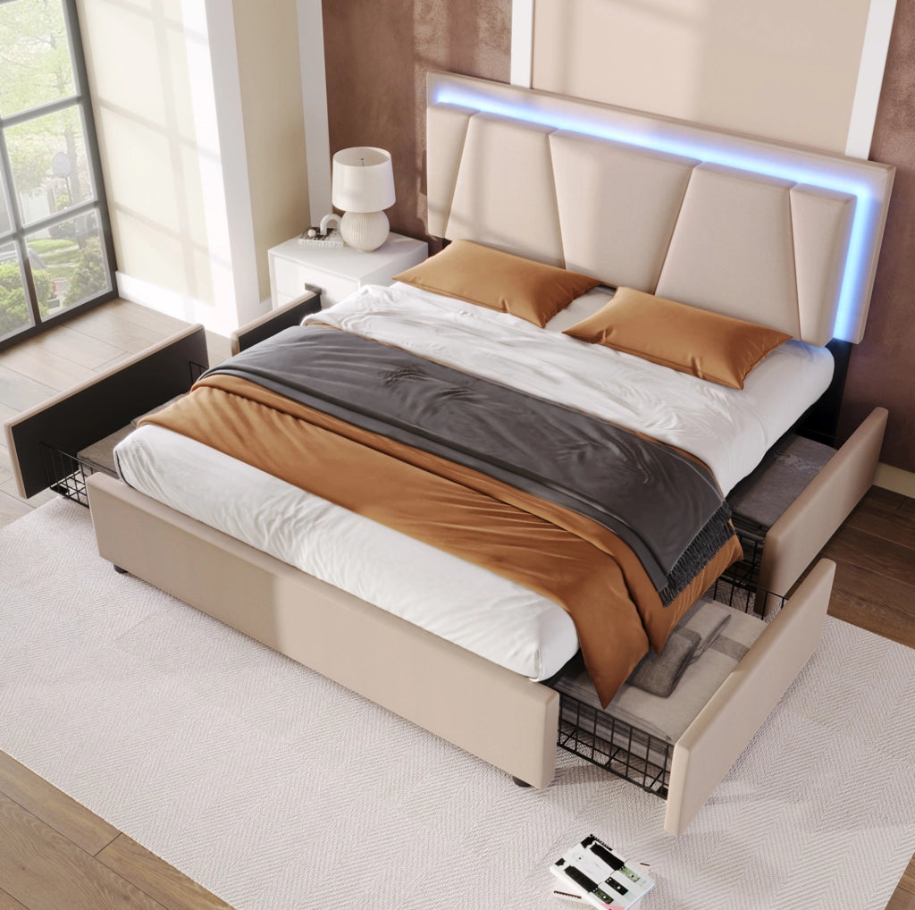 LETTO 160x200 cm Beige con LED, 4 cassetti e materasso incluso