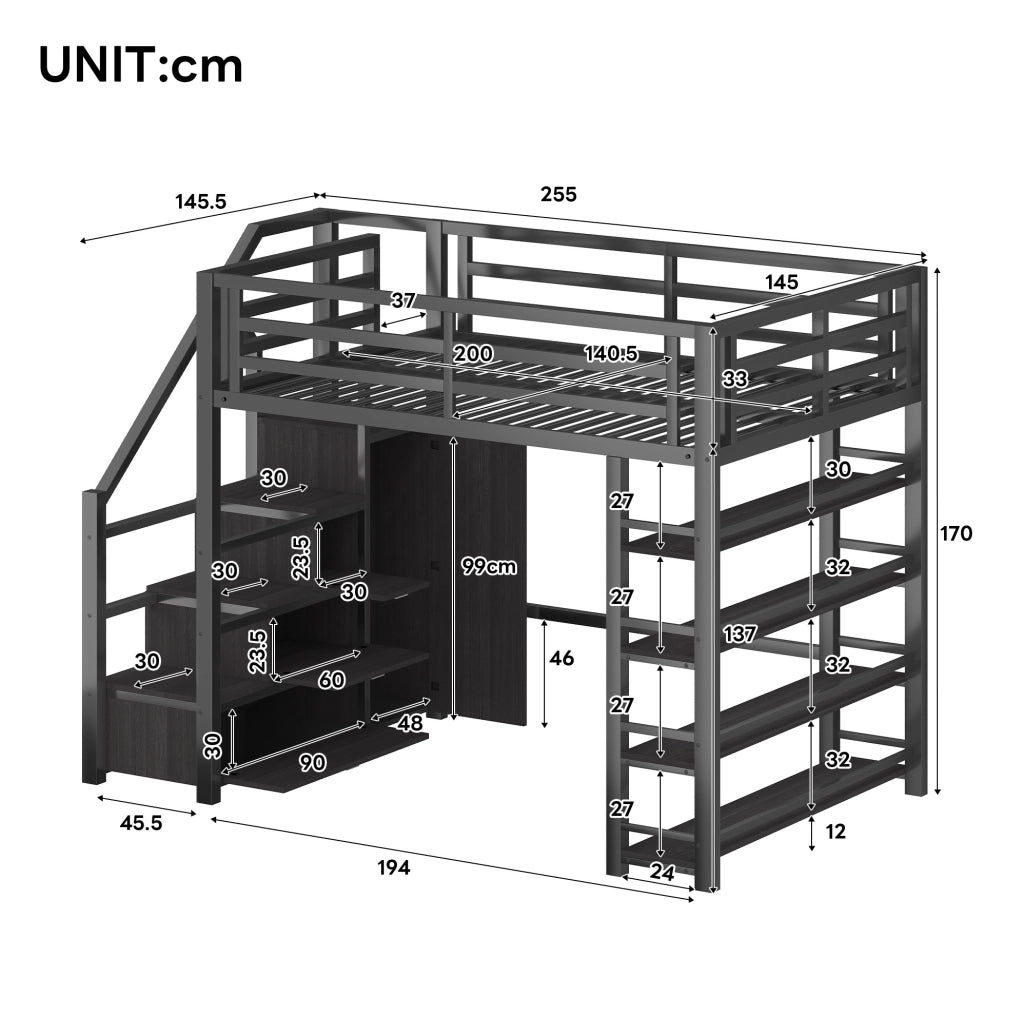Letto a soppalco 140x200 cm con LED; libreria; armadio e scala contenitore; nero
