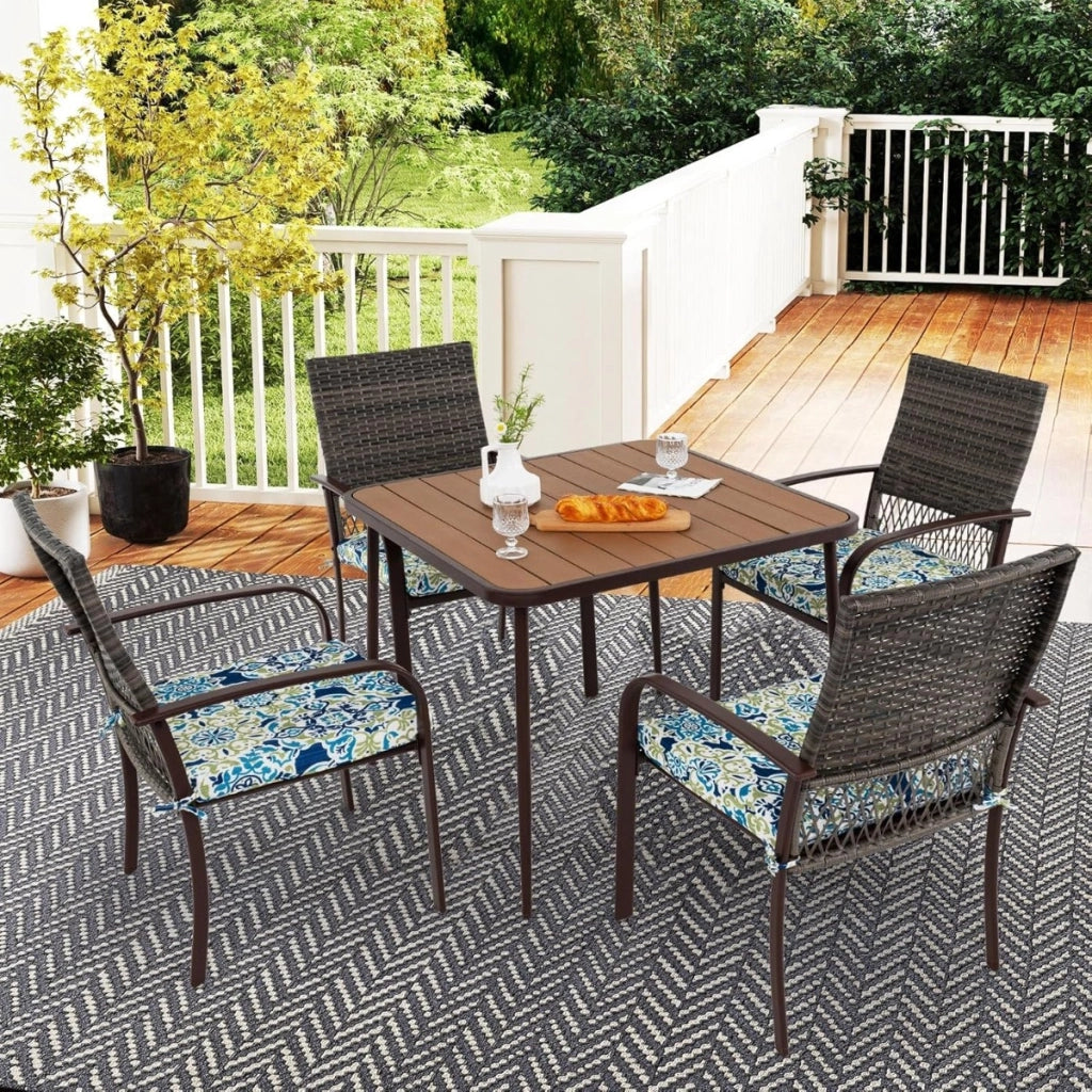 Set da pranzo da esterno 5 pezzi per giardino, Set da pranzo in rattan con cuscini e tavolo quadrato Marrone-Set mobili da esterno