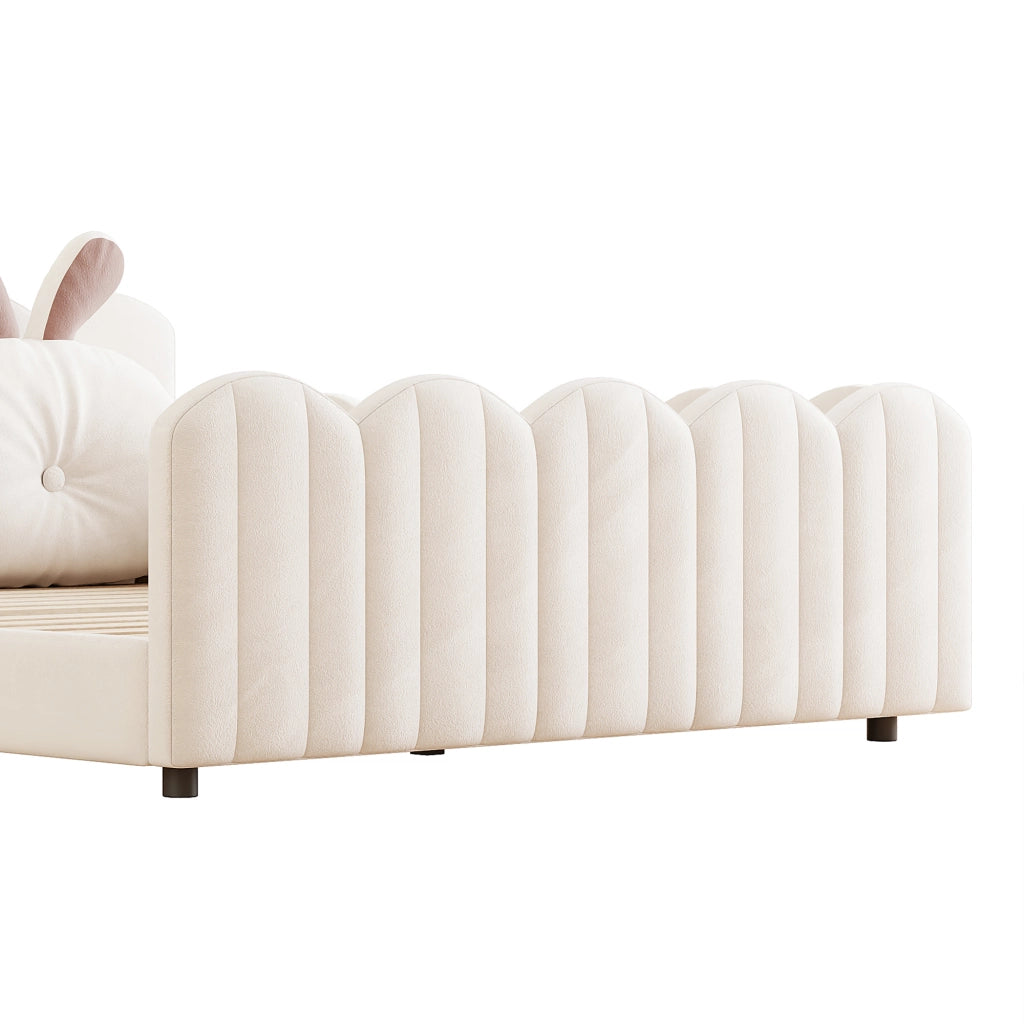 Letto per Bambini 140x200 cm, con Cuscino a Orecchie di Coniglio e Sponde - Beige
