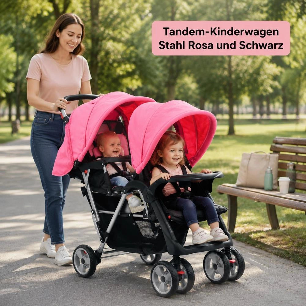 Tandem Stroller, Steel, Pink And Black