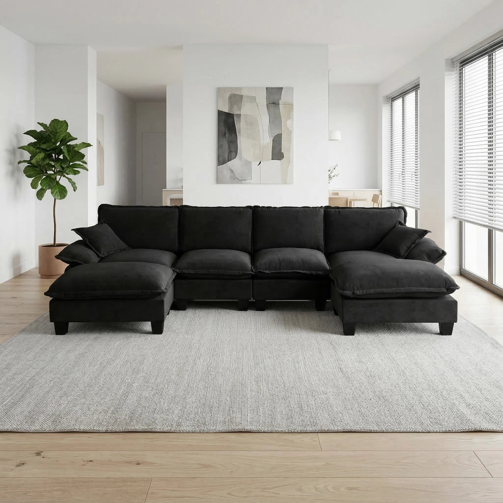 4 Sedile Divano panoramico modulare con pouf mobile 2; divano a U in stile cloud; braccioli arrotondati e ciniglia nero