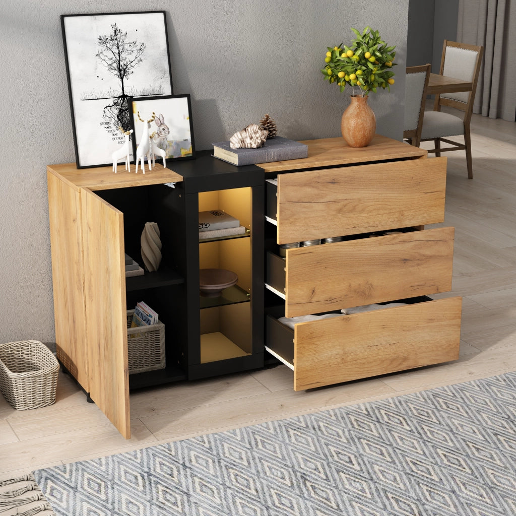 Sideboard moderno 140 cm con LED APP; 3 cassetti; ripiani in vetro; nero e marrone