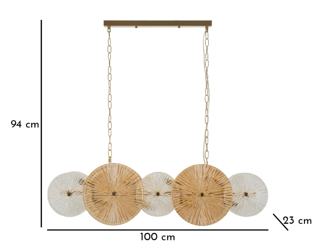 Lampadario Osaka 100x23x28 cm in Ferro e Vetro Oro e Marrone e Trasparente