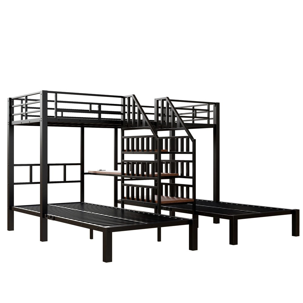 Letto a Castello 3 Posti con Scrivania e Scaffale ¨C Xylo ¨C Nero, LED, USB, 90x200
