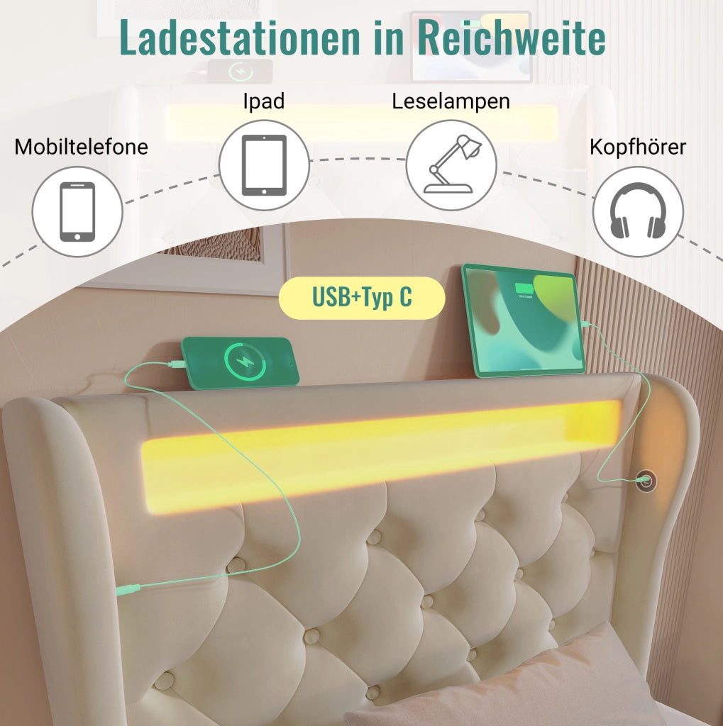 LETTO contenitore 90x200 cm in velluto beige con LED, USB e Type-C con materasso