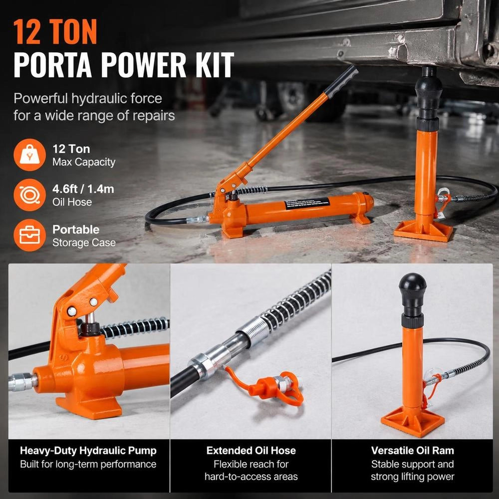 Hydraulic Cylinder Kit, Portable Hydraulic Jack 12 T, With 1.4 M Oil Hose, Car Body Frame Repair Kit With Storage Case For Car Repair, Truck, Farm, Orange