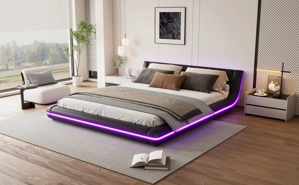 Letto 160 x 200 cm in PU nero, LED multicolore pilotata da app, per camera