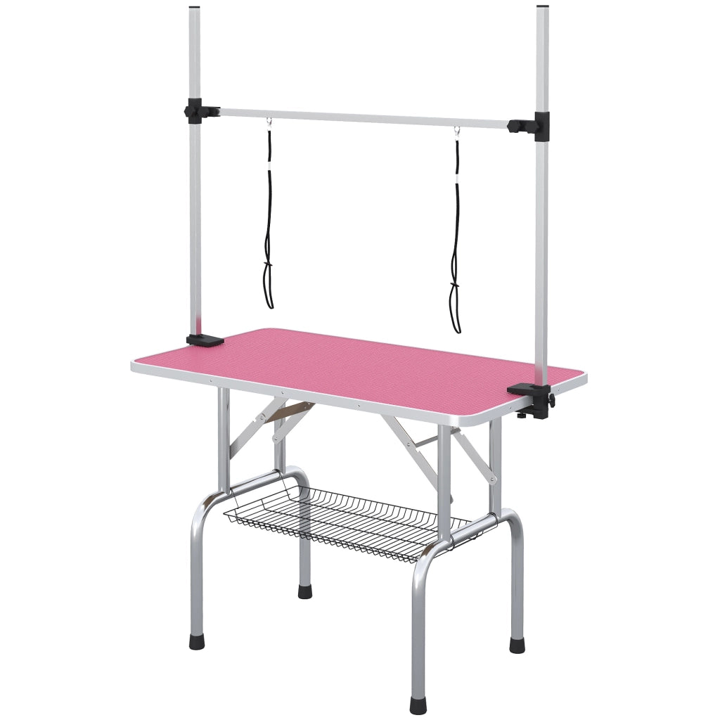 Tavolo da Toelettatura Cani Pieghevole ¨C Xylo ¨C con Cestino Metallico e Braccio Regolabile 107x60x164 cm Rosa