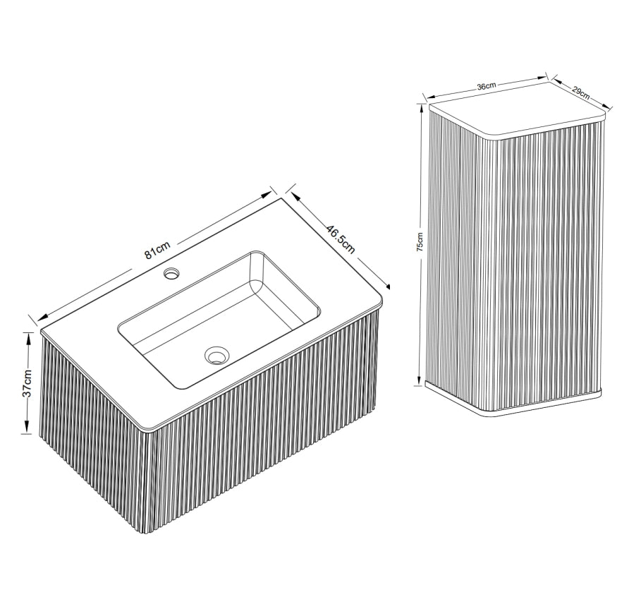 Mobile bagno sospeso con lavabo e colonna laterale in MDF compensato e solid surface bianco scanalato