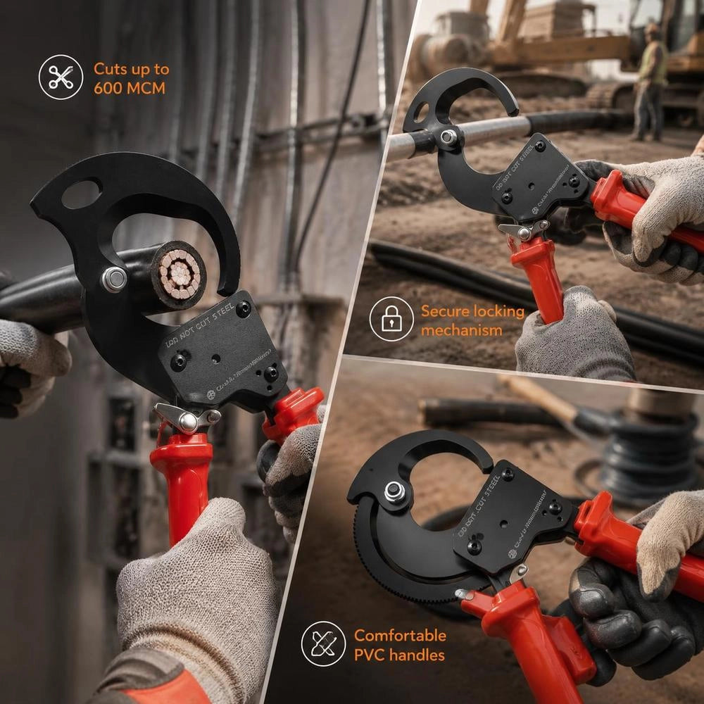 Ratcheting Cable Cutter, Alloy Spring Steel Blades, PVC Coated Handles, Quick Release, For Copper Aluminum Cables Up To 600 MCM