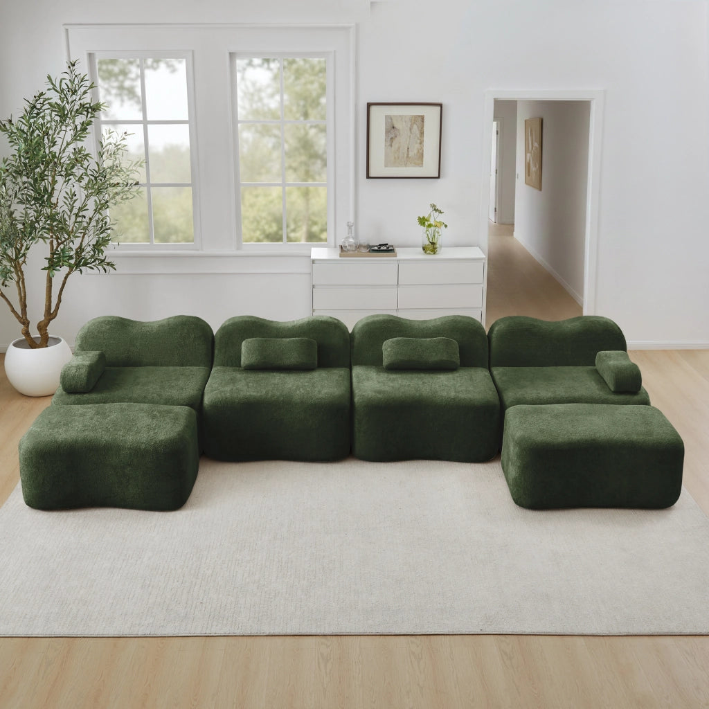 Divano Modulare U 4 Posti con 2 Ottoman ¨C MINIMAL ¨C Tessuto Verde, Cuscini Braccioli Mobili