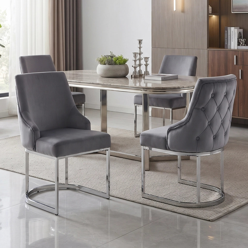 2 sedie da pranzo in velluto con schienale trapuntato 3D e gambe metalliche galvanizzate moderne grigio argento