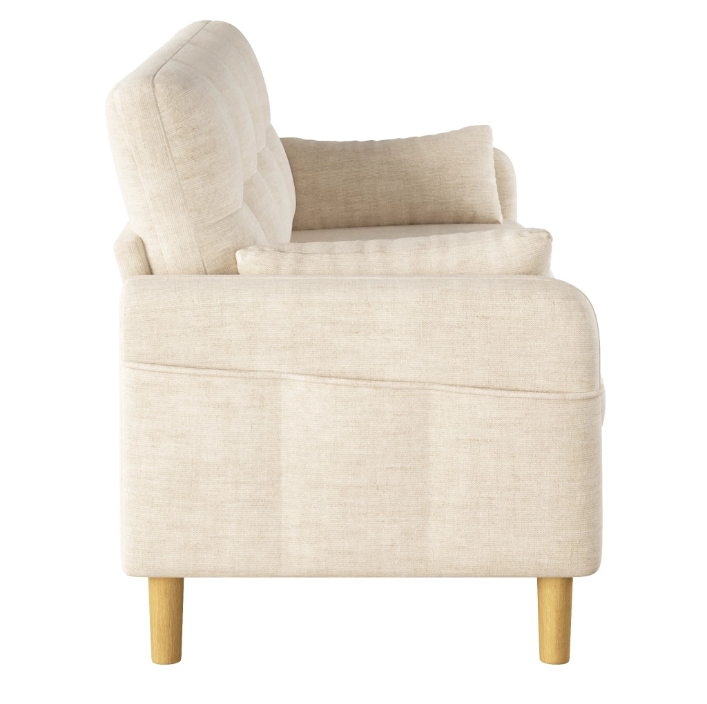 Divano a 2 posti in chenille beige con cuscini e tasca laterale, 119 x 78 x 85 cm