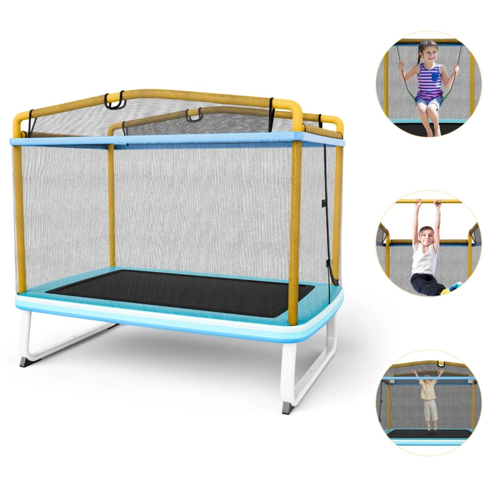 Trampolino per bambini con rete di protezione altalena barra orizzontale, Trampolino da esterno 190x124x222cm Giallo