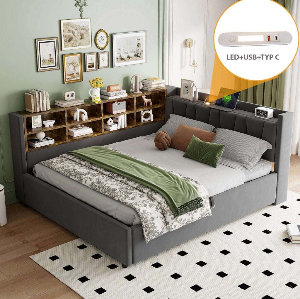 Letto imbottito 140x200 cm con contenitore, USB e luce notturna