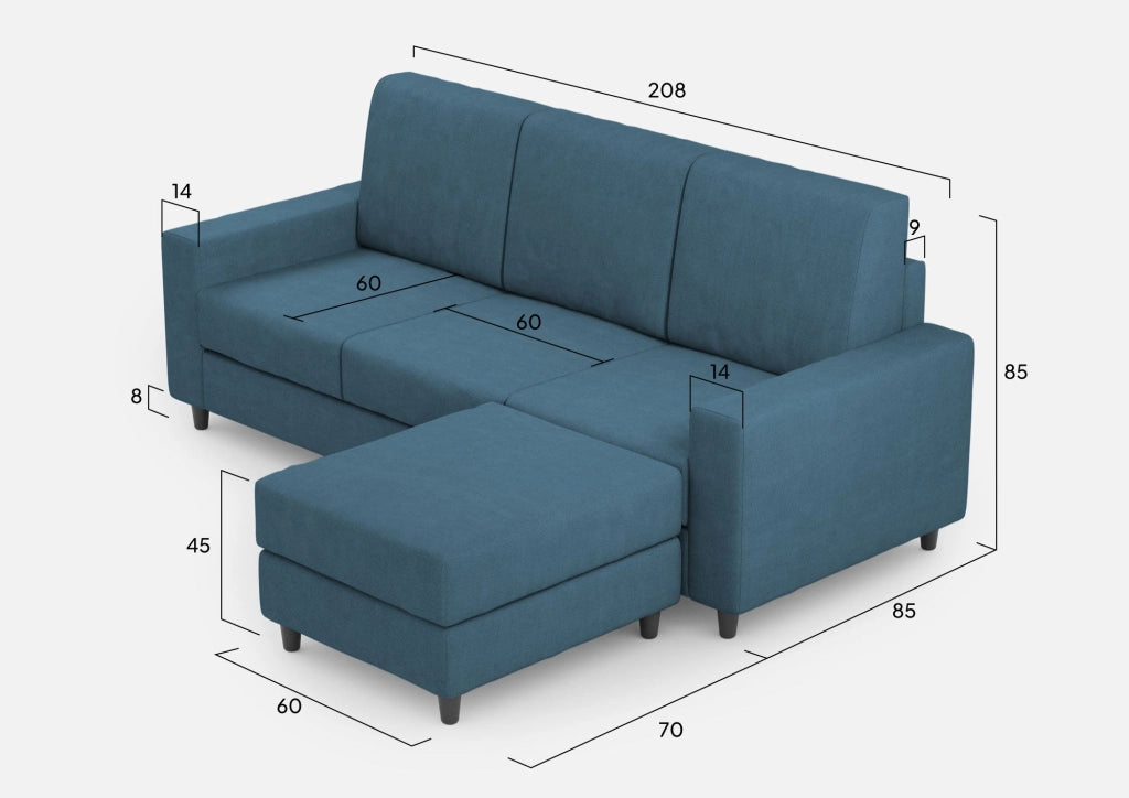 Divano 3 Posti con Pouf 208x155x85 cm Sakar in Tessuto Avio