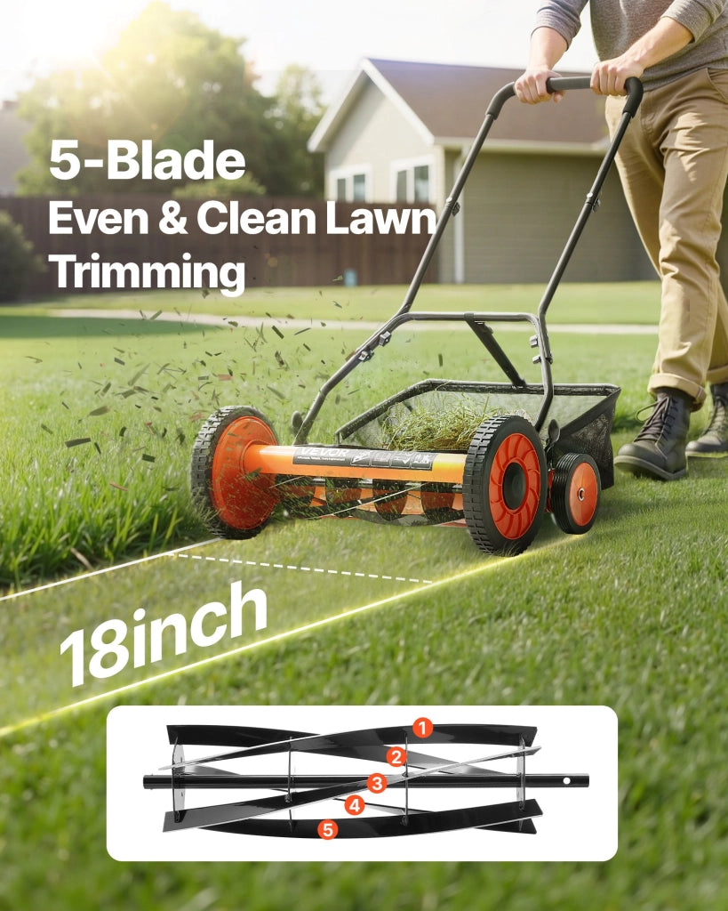 Tosaerba a Spinta Manuale HS-GT1603B Taglio 450 mm Altezza Regolabile 35-62 mm Rasaerba Elicoidale 4 Ruote con Sacco per Giardino