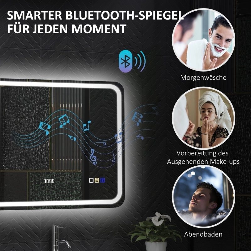 Specchio da bagno LED con Bluetooth e orologio; antiappannamento; luce regolabile e memoria; argento